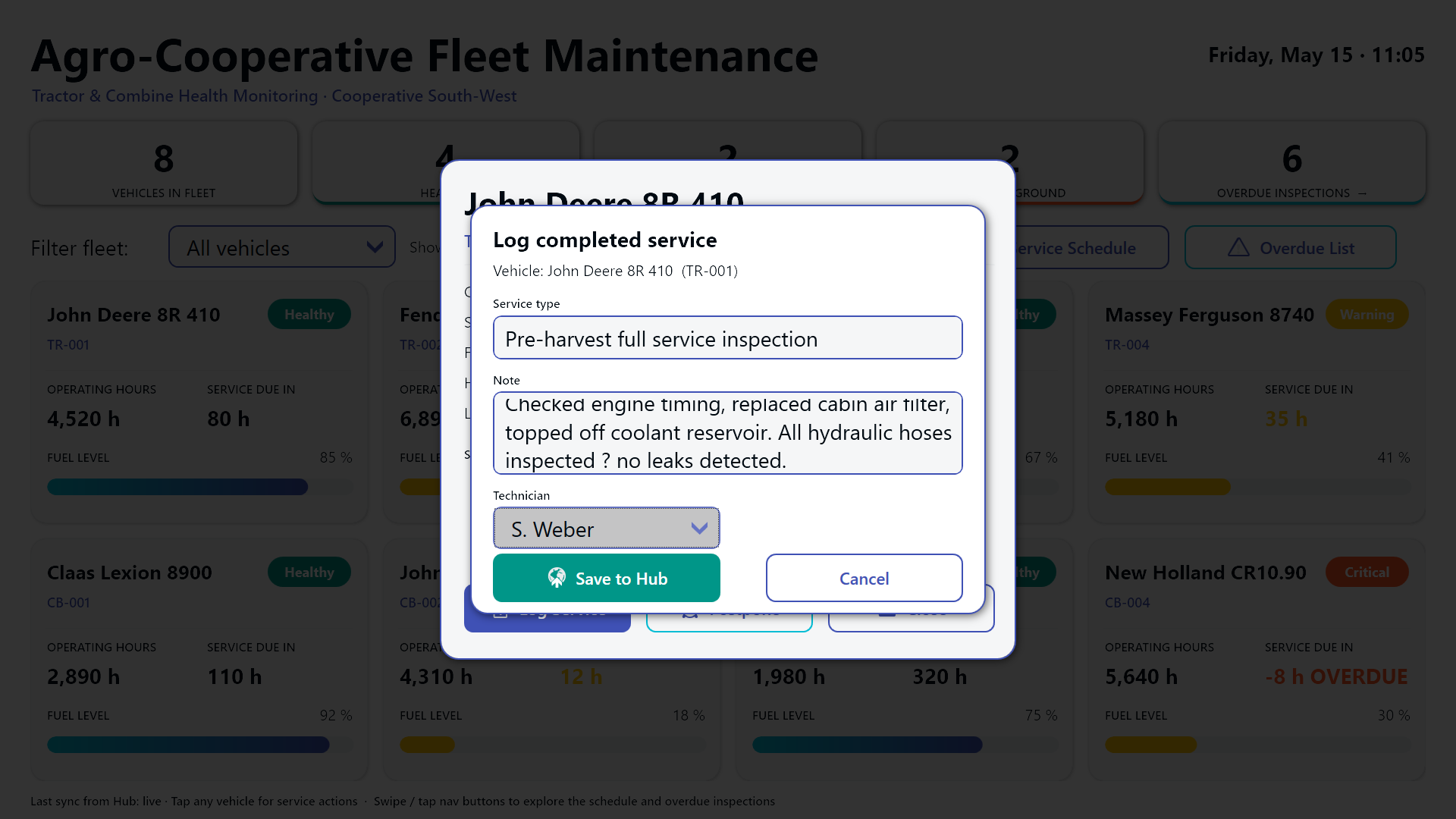Overdue inspections list, color-banded by urgency