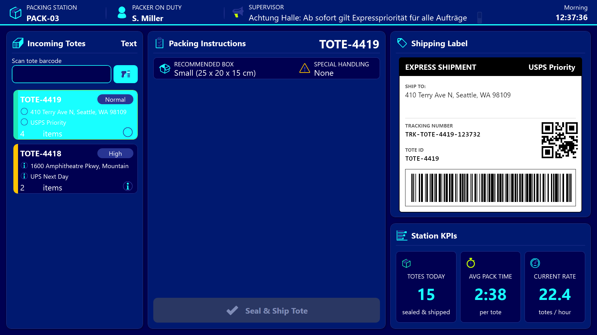 Packing station - damage report dialog with three reason buttons
