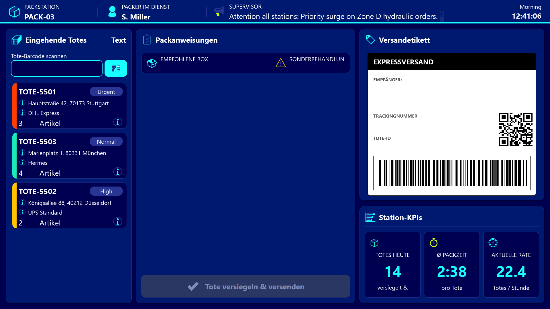 Packstation – Warteschlange eingehender Behälter und Checkliste
