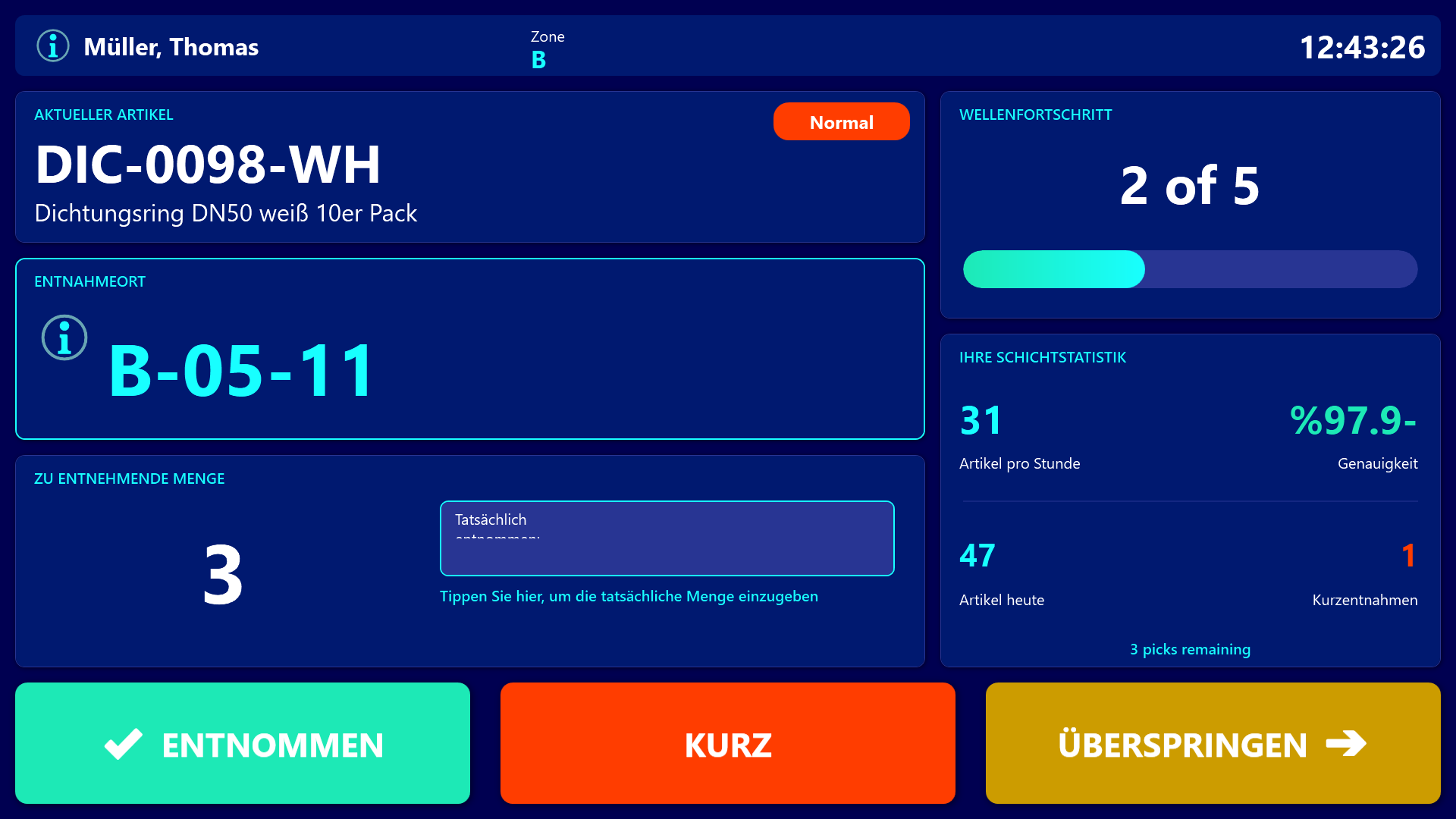 Picker-Handheld – Aktionsbuttons GEPICKT, FEHLT und ÜBERSPRINGEN