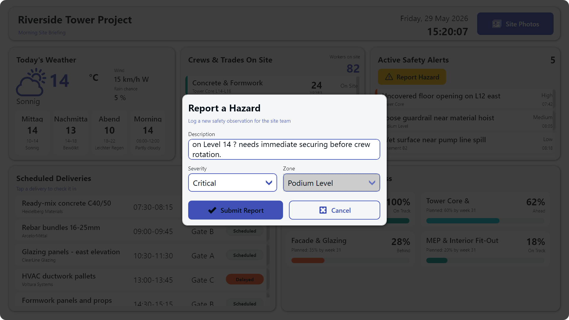 Construction site morning briefing dashboard overview