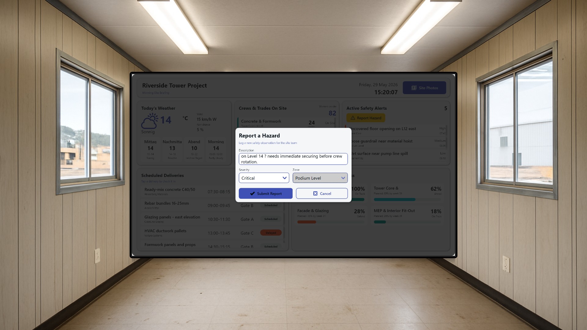 Riverside Tower Morgen-Baustellenbriefing – Ein Baustellen-Dashboard mit Peakboard