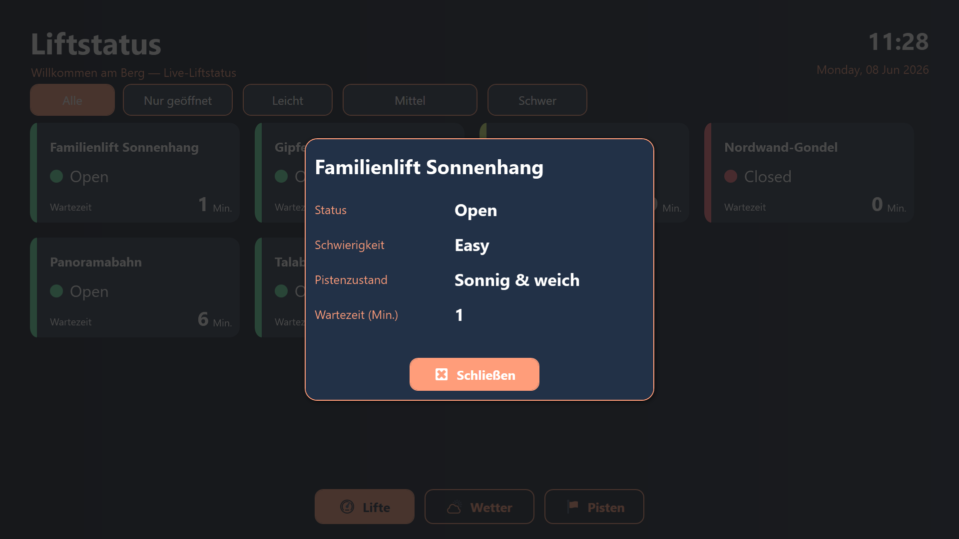 Gästebildschirm Liftübersicht