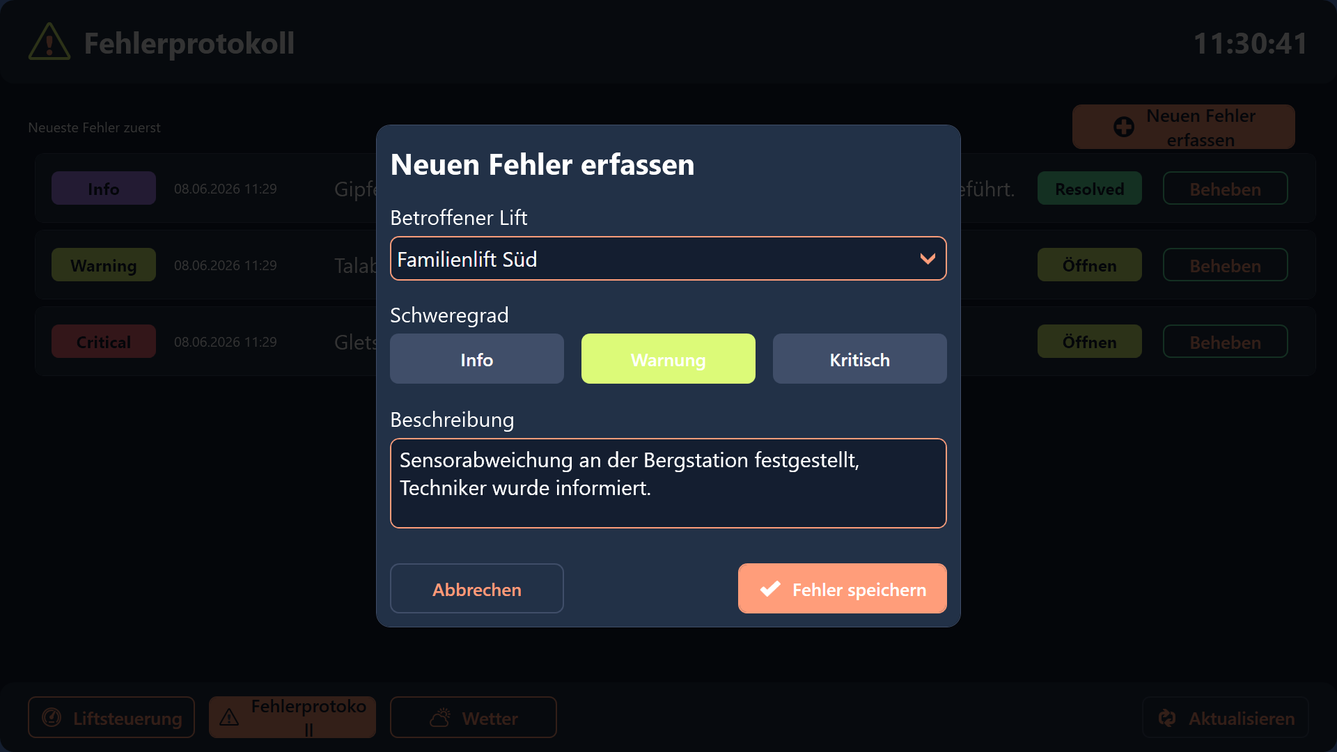 Steuerungsdialog der Betriebsleitstelle