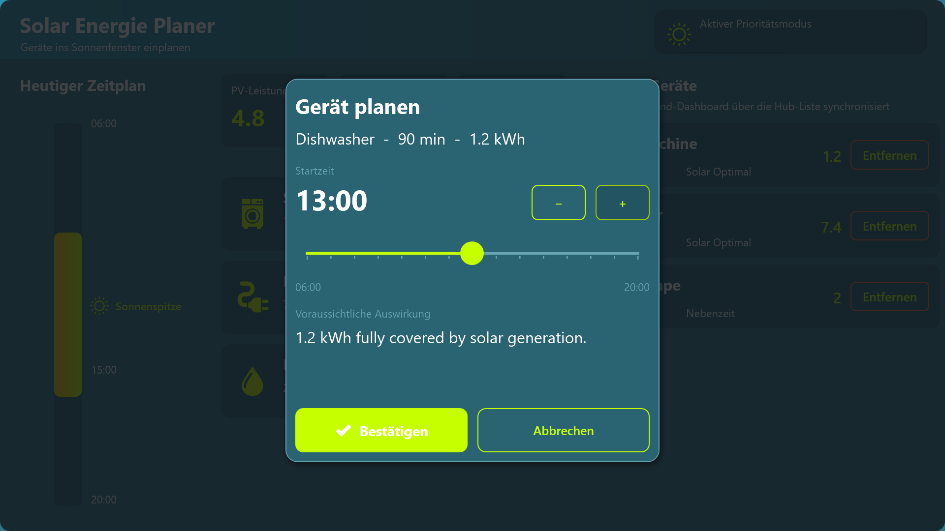Zeitleiste des Solar Energy Planner mit hervorgehobenem Peak-Sun-Band
