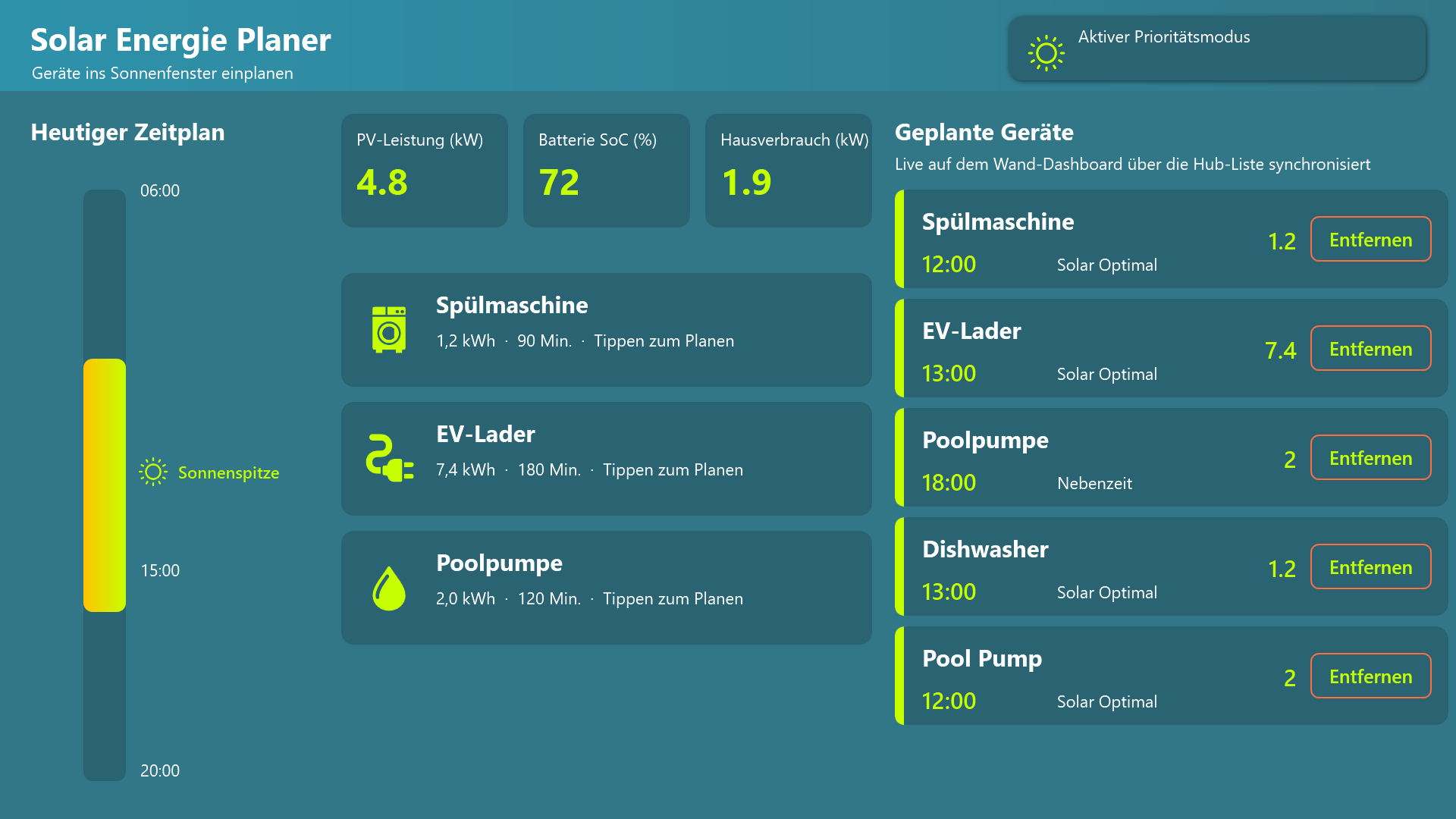 Planungsdialog mit Echtzeit-Berechnung der Energiebilanz und Warnung außerhalb des optimalen Fensters