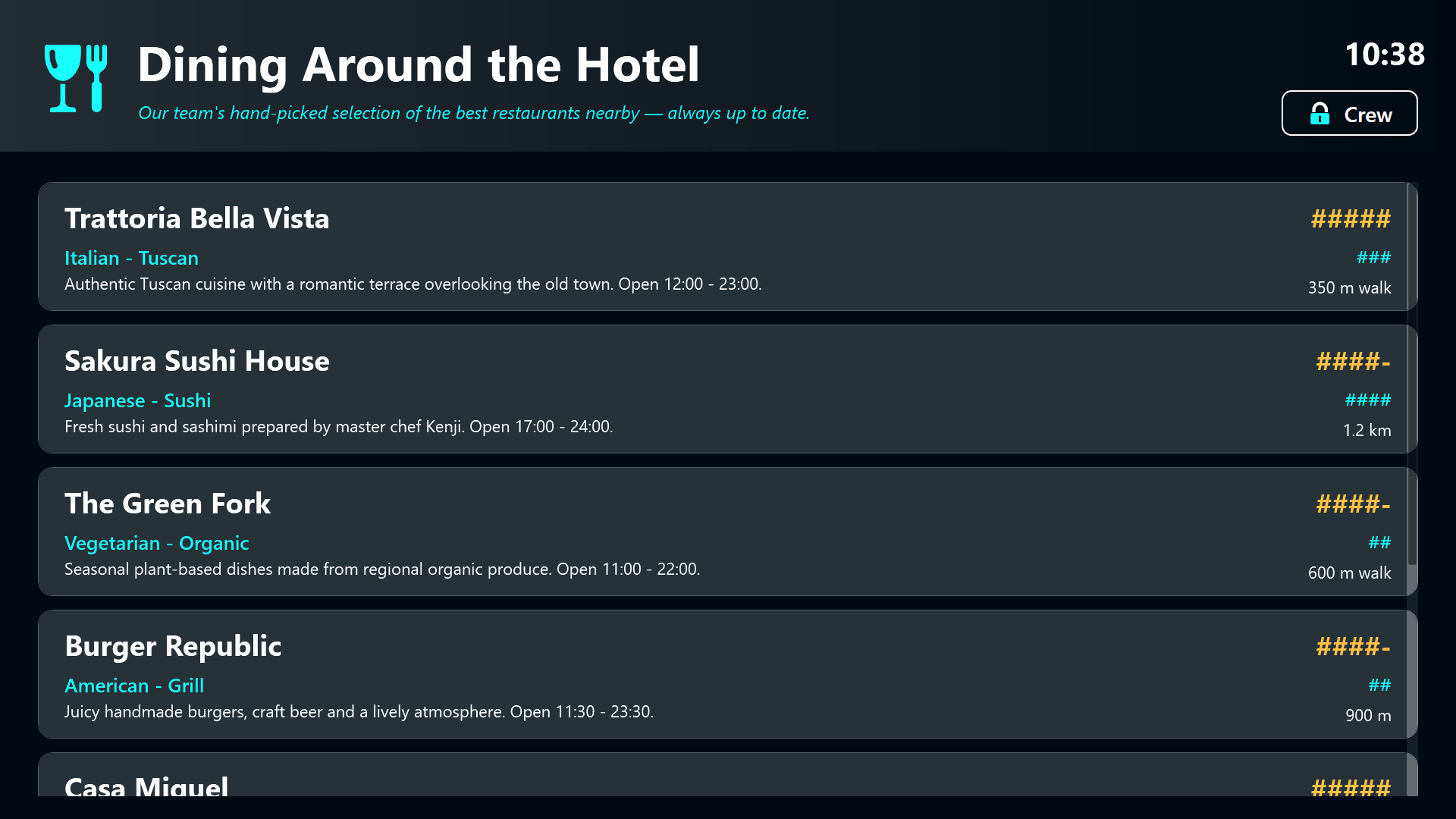 Crew back-office with PIN keypad and the restaurant management form