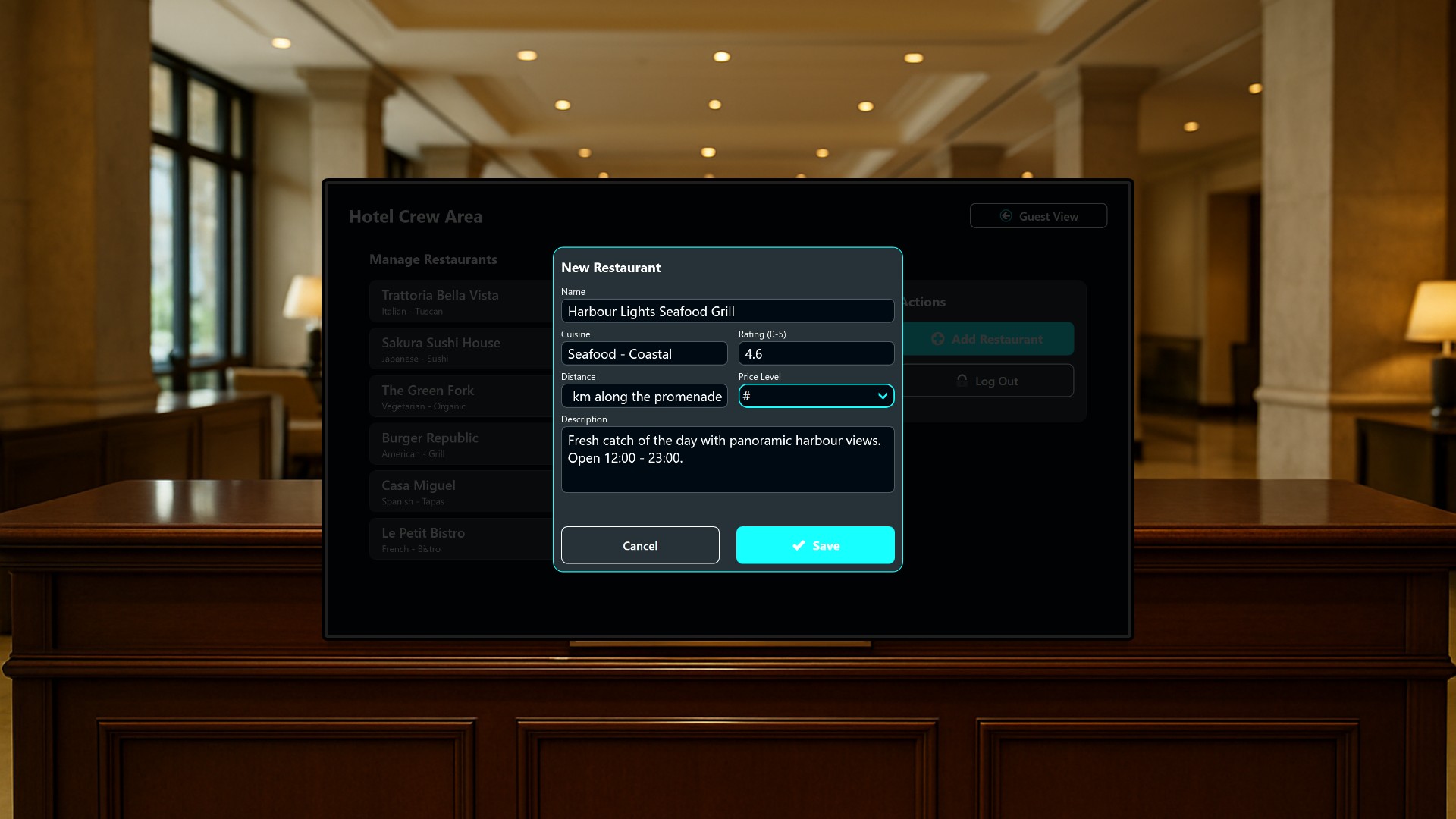 Hotel Restaurant Guide - Replacing the Lobby Paper List with a Live Digital Board