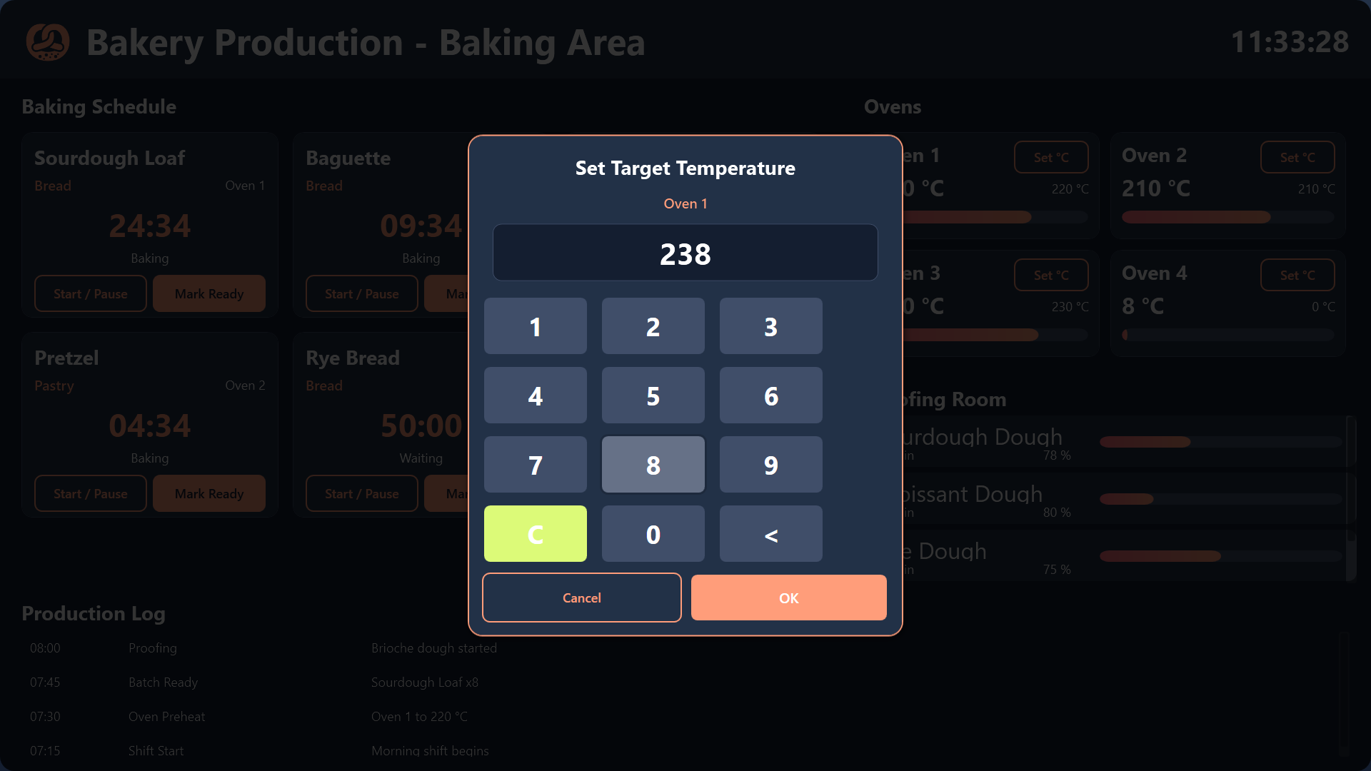 Production dashboard with baking schedule and batch timers