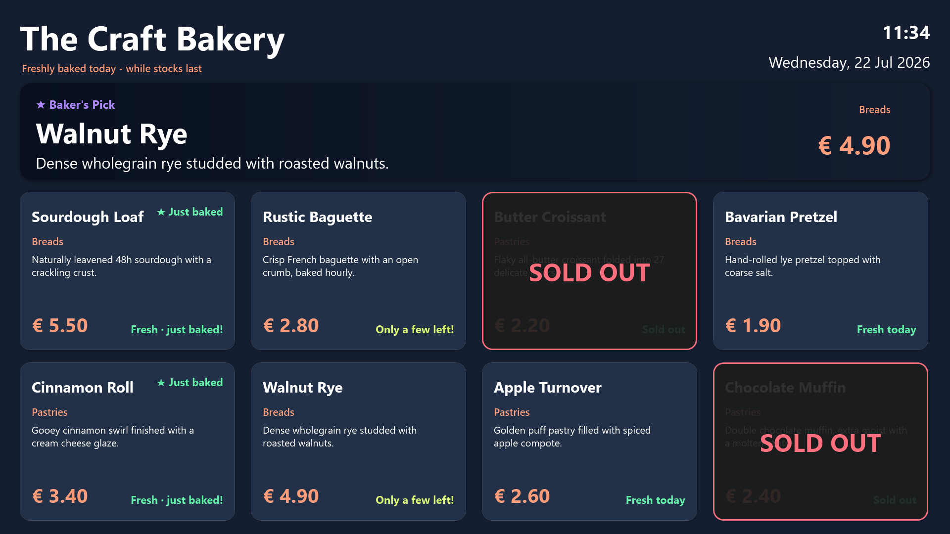 Storefront menu board with product tiles, prices, and availability
