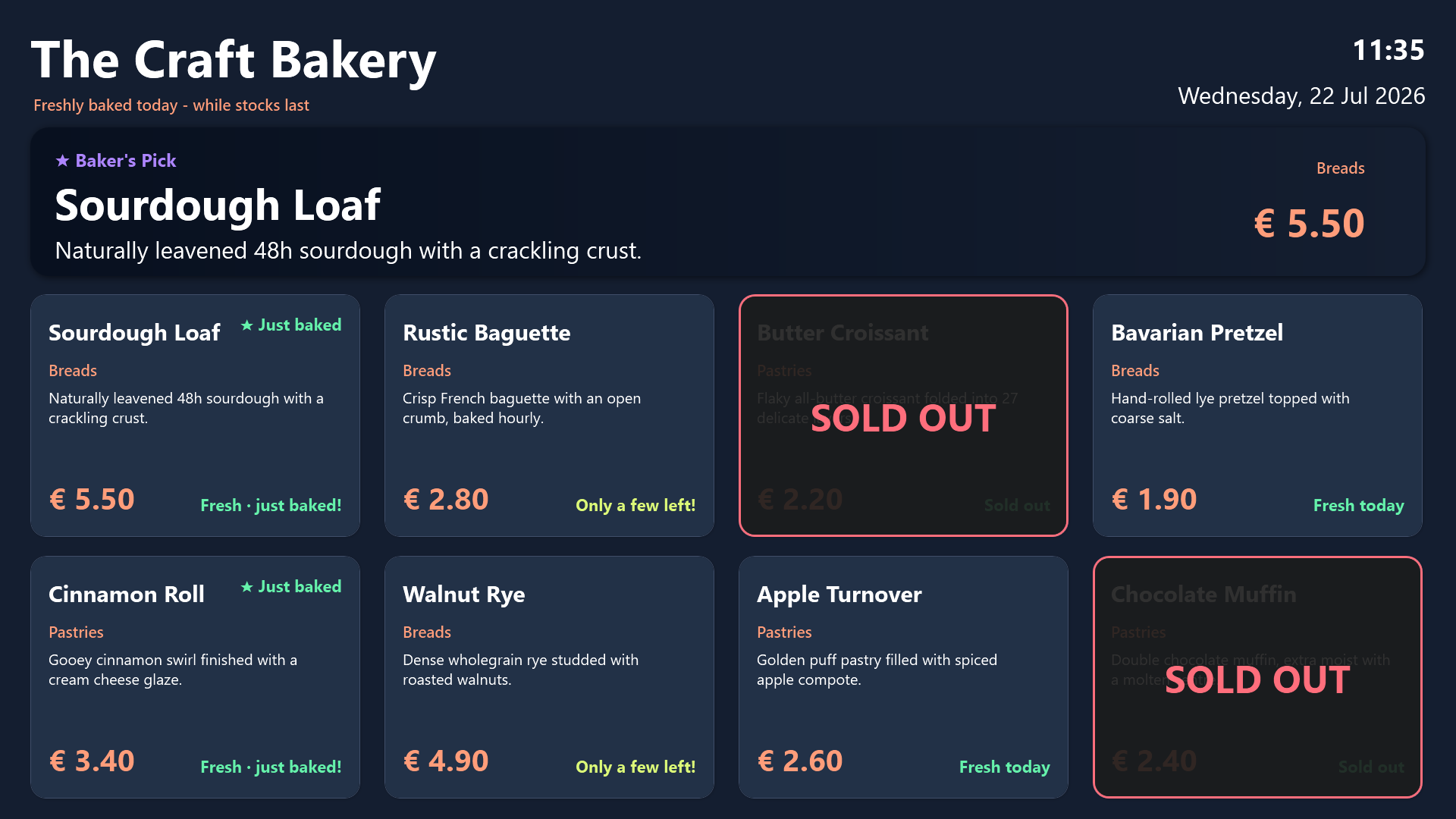 Baker's Pick hero banner and sold-out overlays
