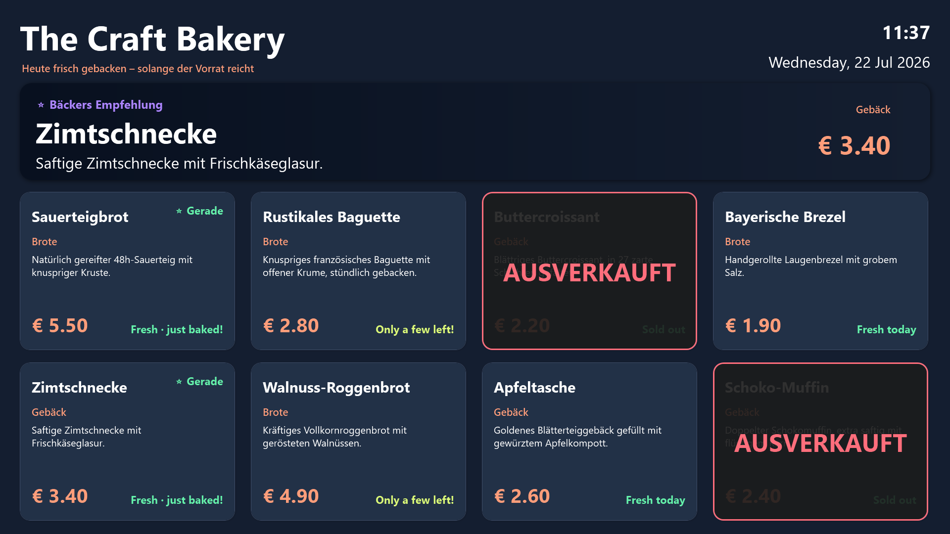 Menütafel im Verkaufsraum mit Produktkacheln, Preisen und Verfügbarkeit