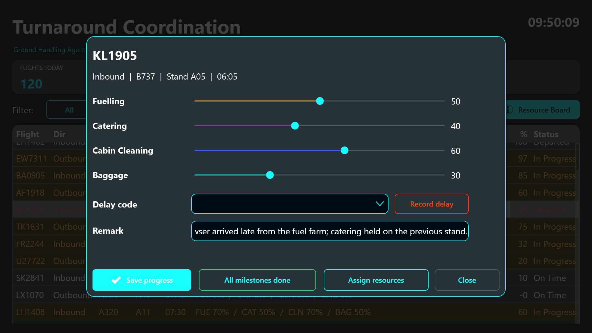 flight detail dialog with milestone sliders and delay code