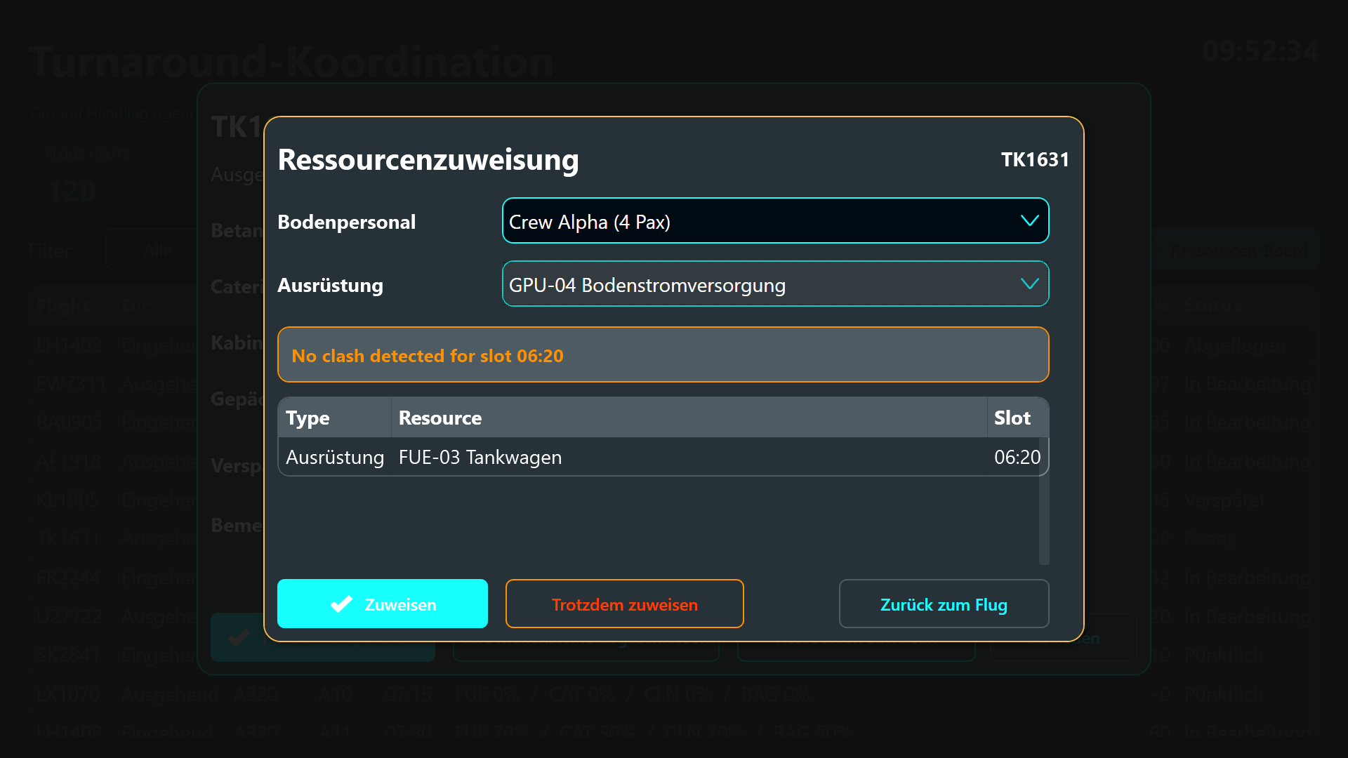 Flugdetail-Dialog mit Meilenstein-Schiebereglern und Verspätungscode