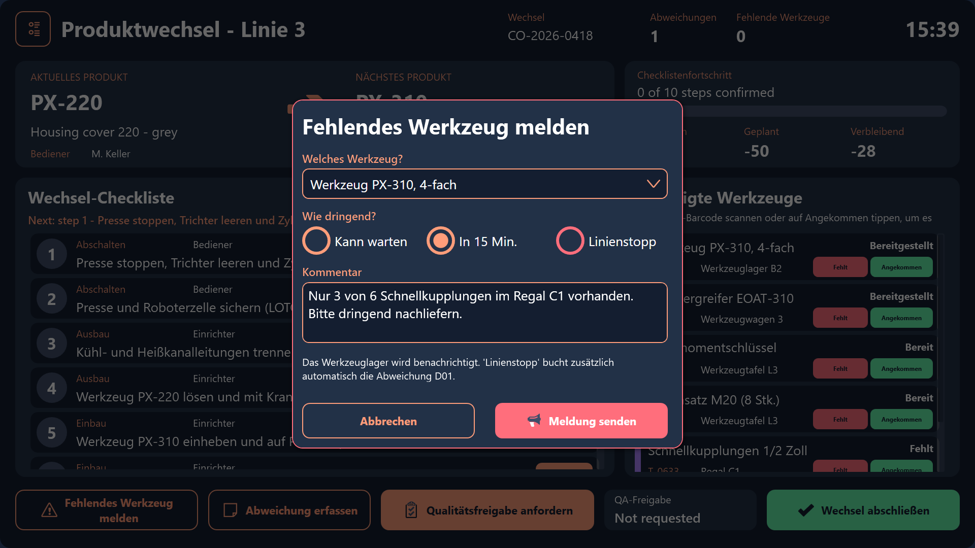 Dialogs for missing tools and deviations, German version
