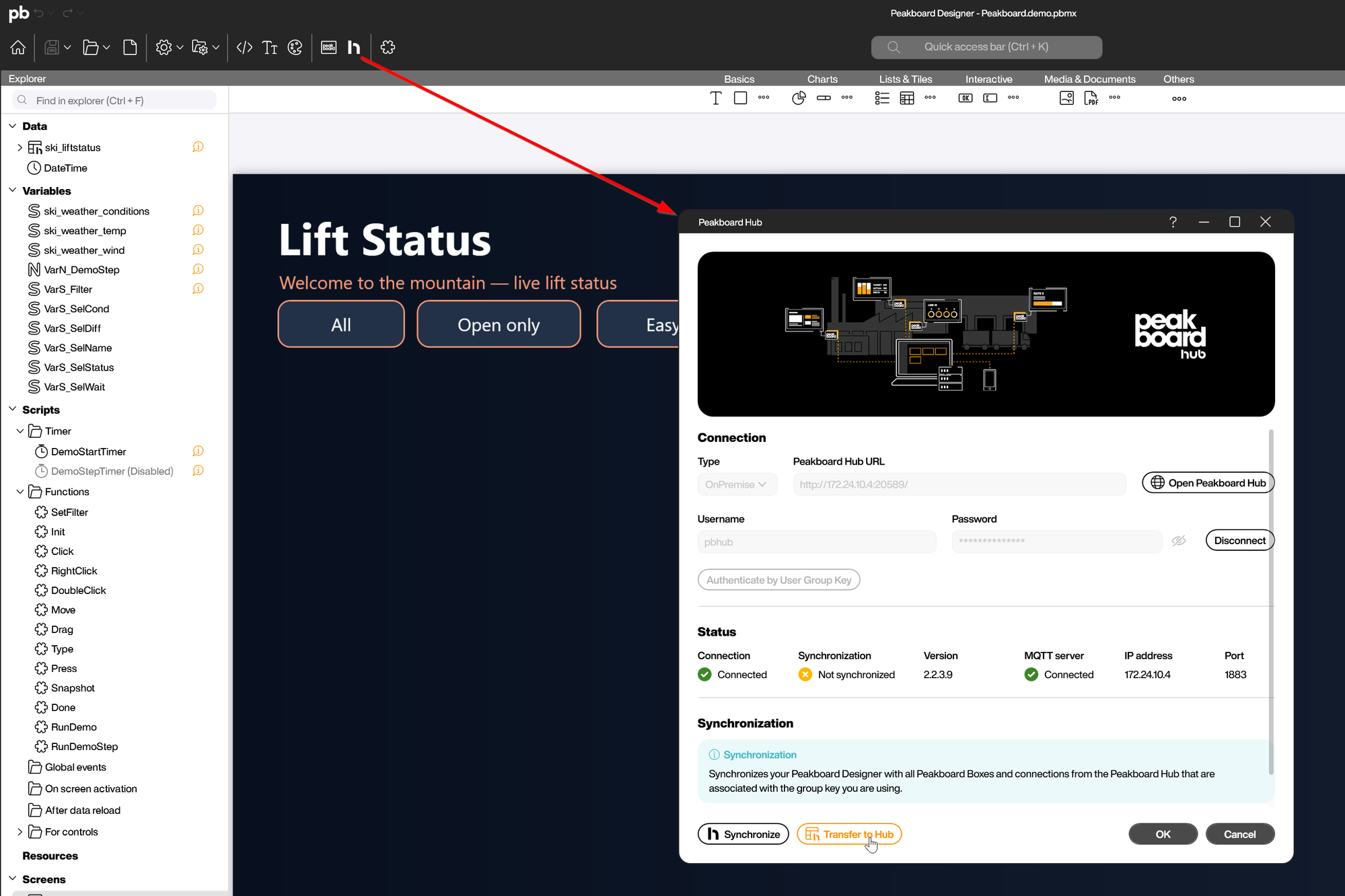Der Peakboard-Hub-Dialog im Designer, unten der Button Transfer to Hub