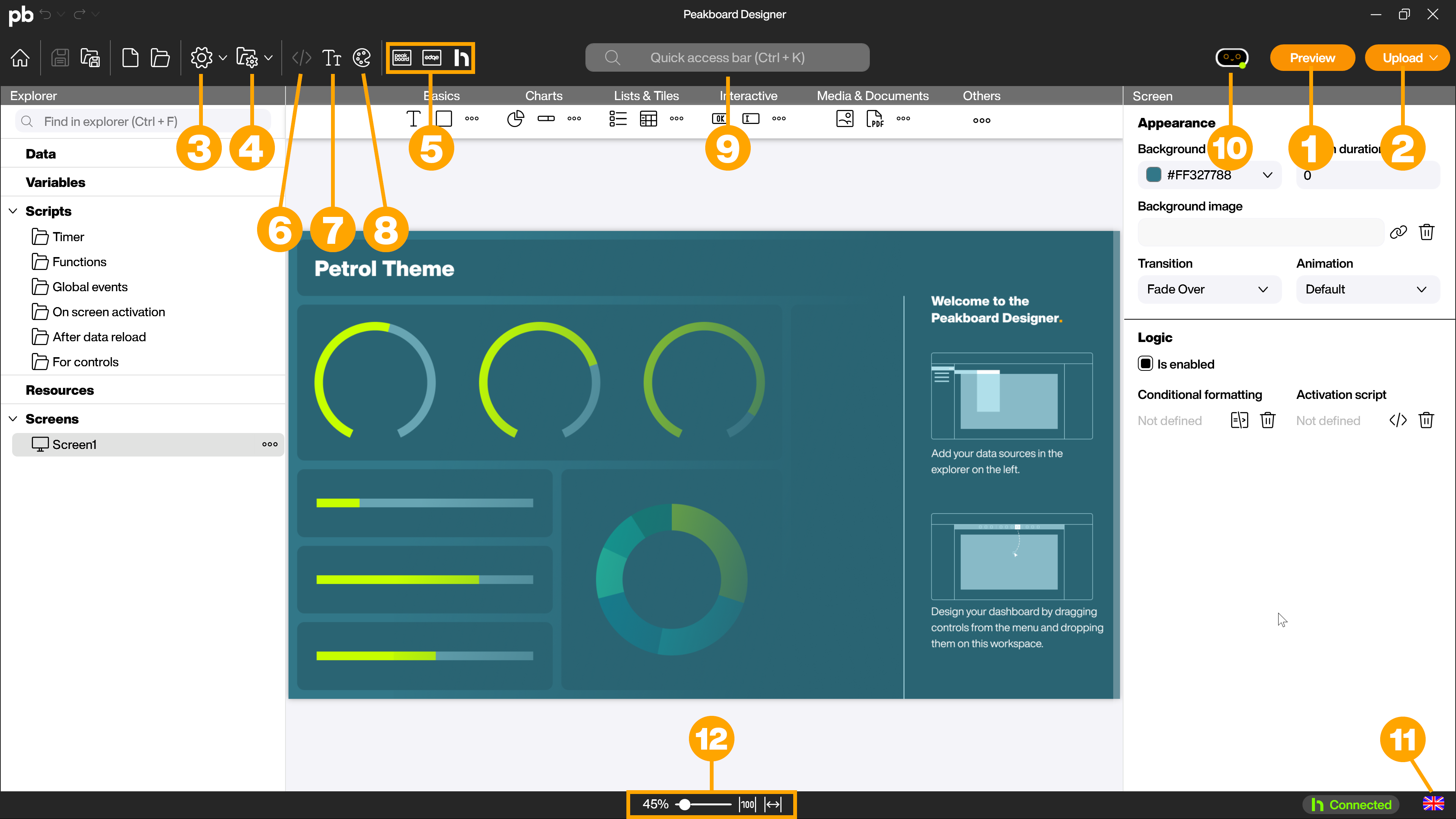 The Peakboard Designer - Preview and Upload sit in the top-right corner